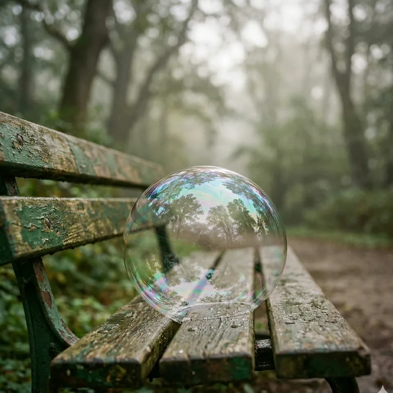 one large soap bubble resting on a weathered park bench in a foggy forest