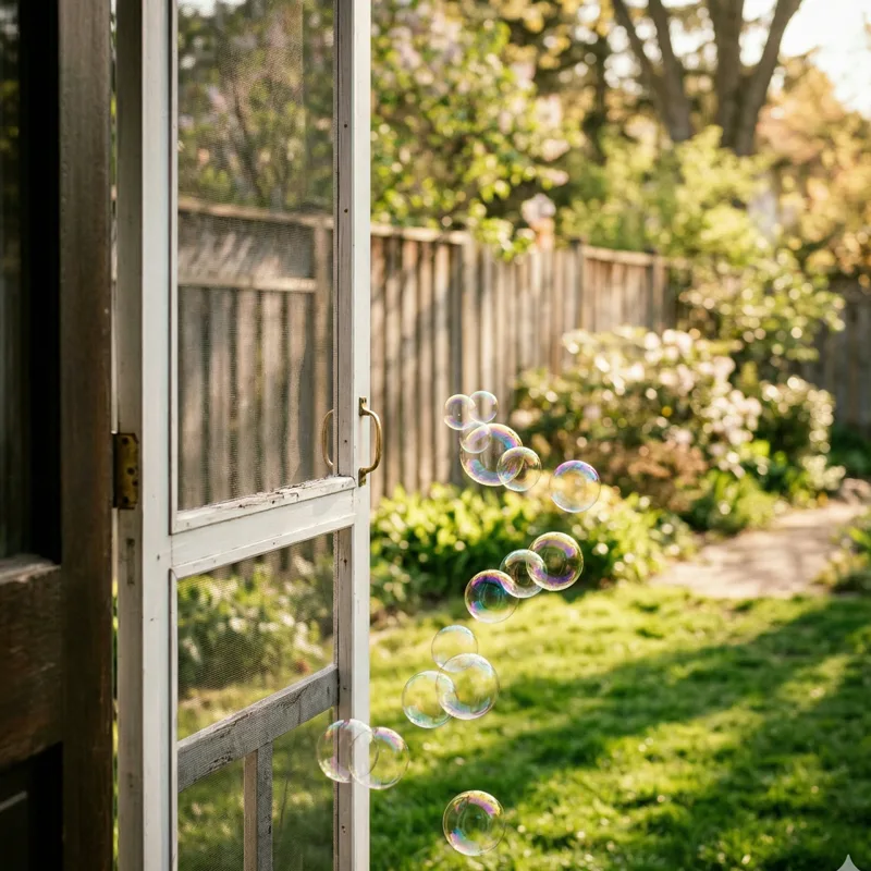 soap bubbles drifting out an open white screen door into a sunlit garden