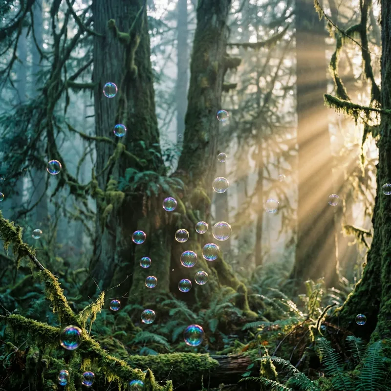 dozens of small soap bubbles floating among mossy trees in morning light