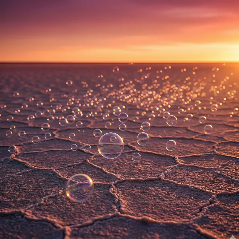 bubbles resting on cracked salt flat ground under a pink and orange sunset