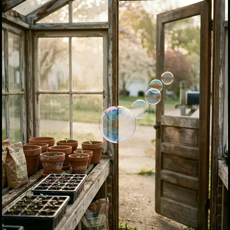 soap bubbles drifting through an old greenhouse doorway past terracotta pots
