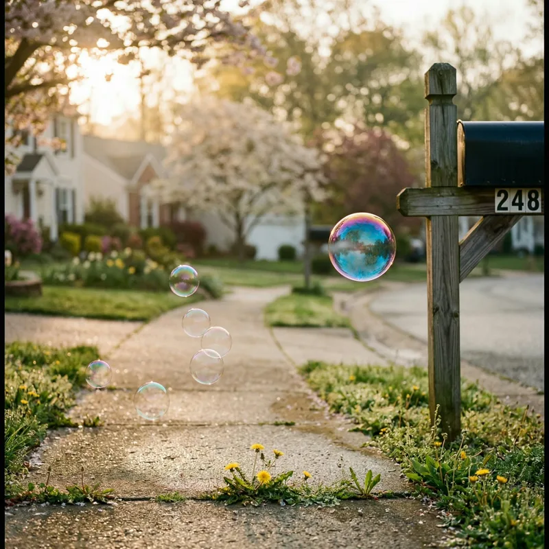 a single bubble over a dawn sidewalk with dandelions in the cracks