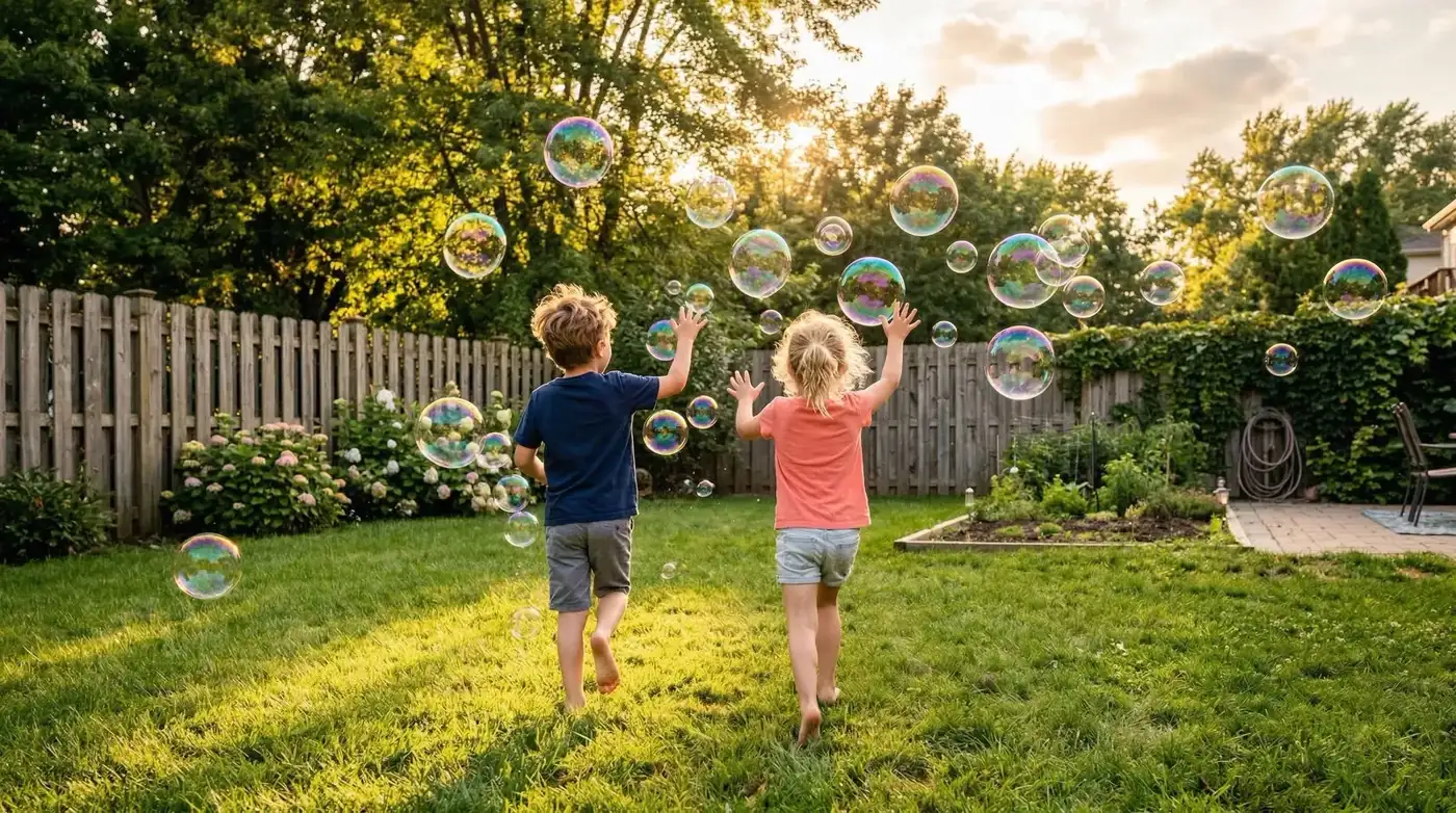 Concept scene of children playing among giant bubbles