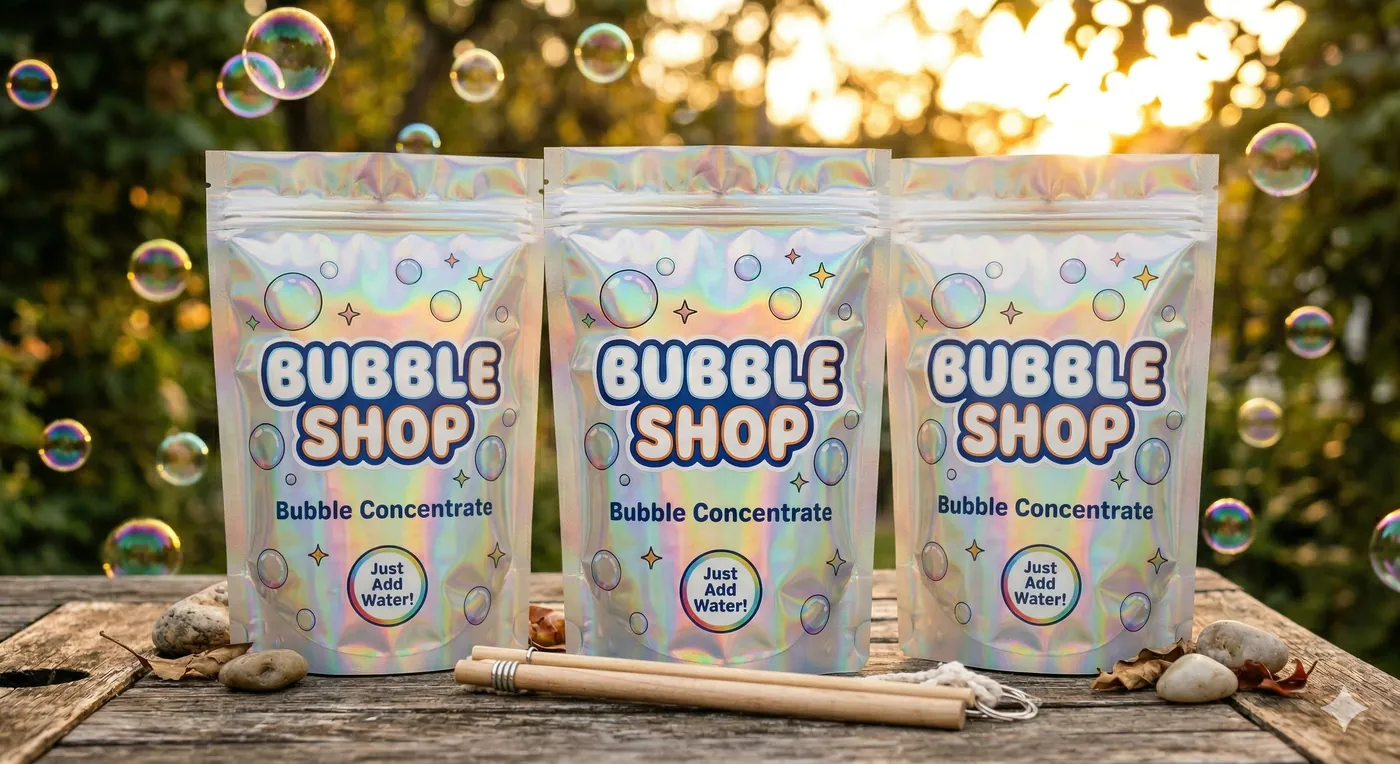 Three Bubble Shop pouches at golden hour