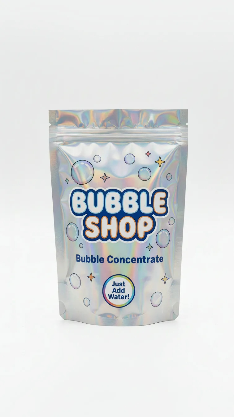 A holographic Bubble Shop pouch of dry bubble concentrate